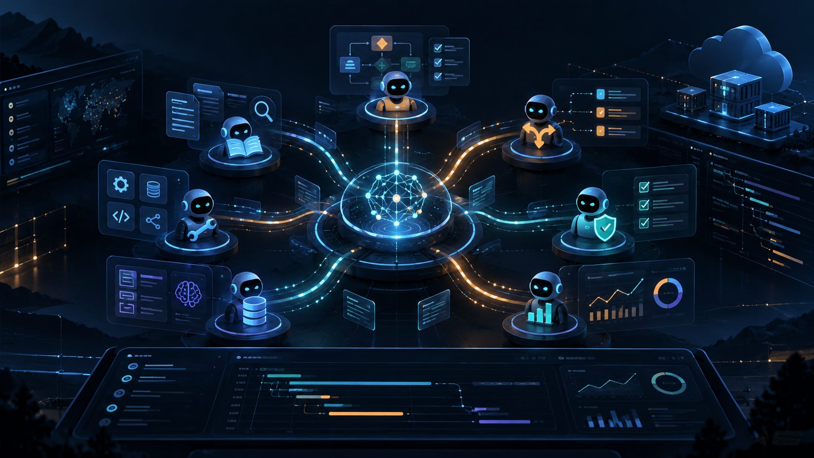 Multi-agent AI architecture with specialist agents coordinated by an orchestration hub